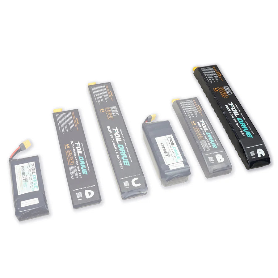 Ein sauberes Bild des foil drive max Batterie mit Angabe der Größe.
