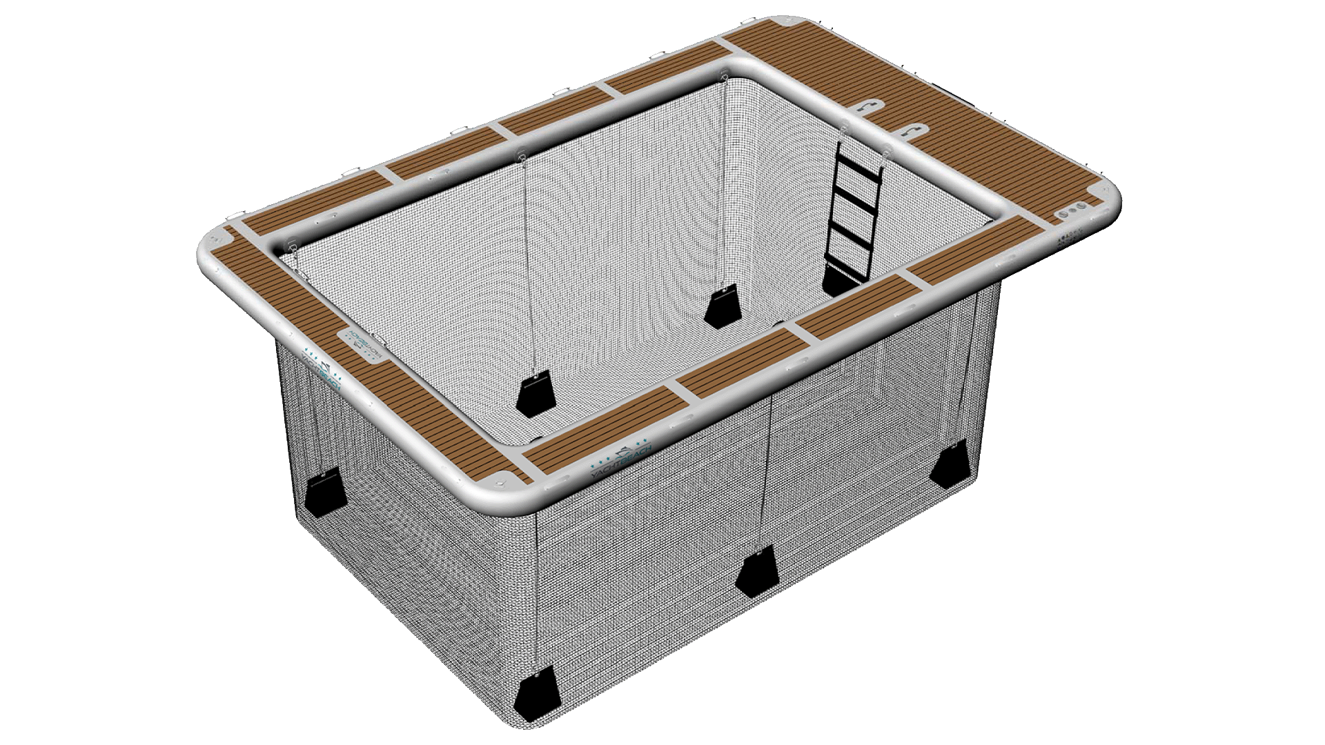 Yachtbeach Luxury Pool - Schwimmende Sicherheits-Badeplattform mit Netz, rutschfester Oberfläche, Leiter und Stabilisierungsgewichten.