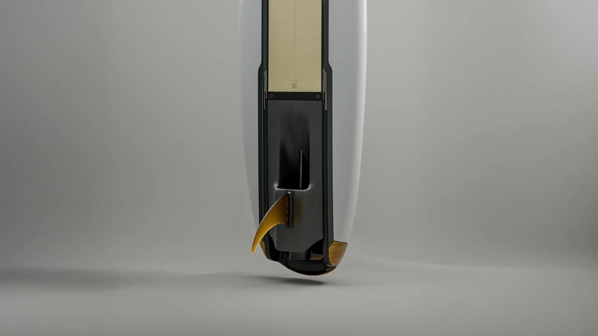 Eine Seitenansicht des Lind Surfboards mit eingebautem Akku und Motor.