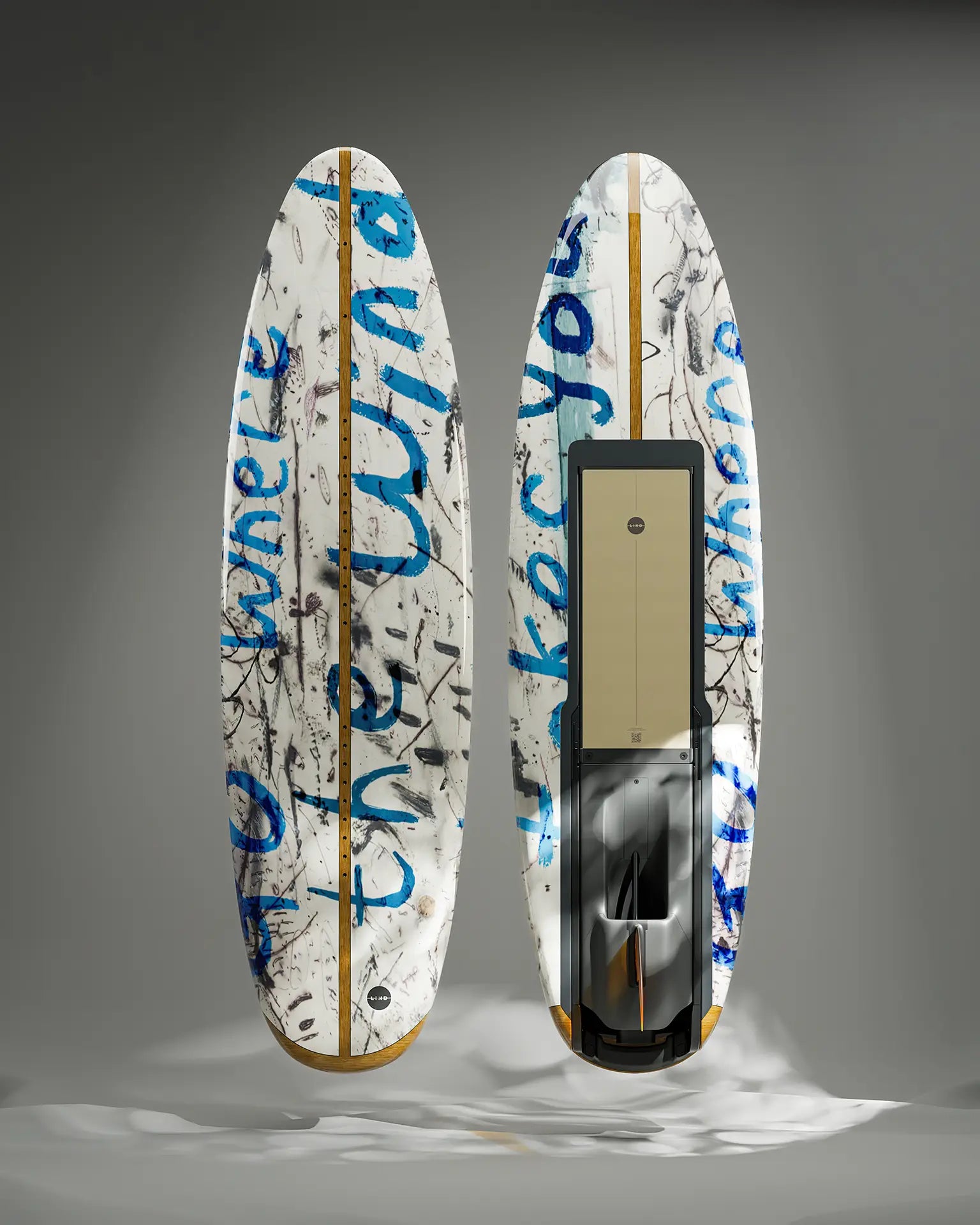 Das Lind Art Surfboard mit dem Titel Go where the wind takes you zeigt ein weißes Board mit blauer Schrift von Peter Matthews.