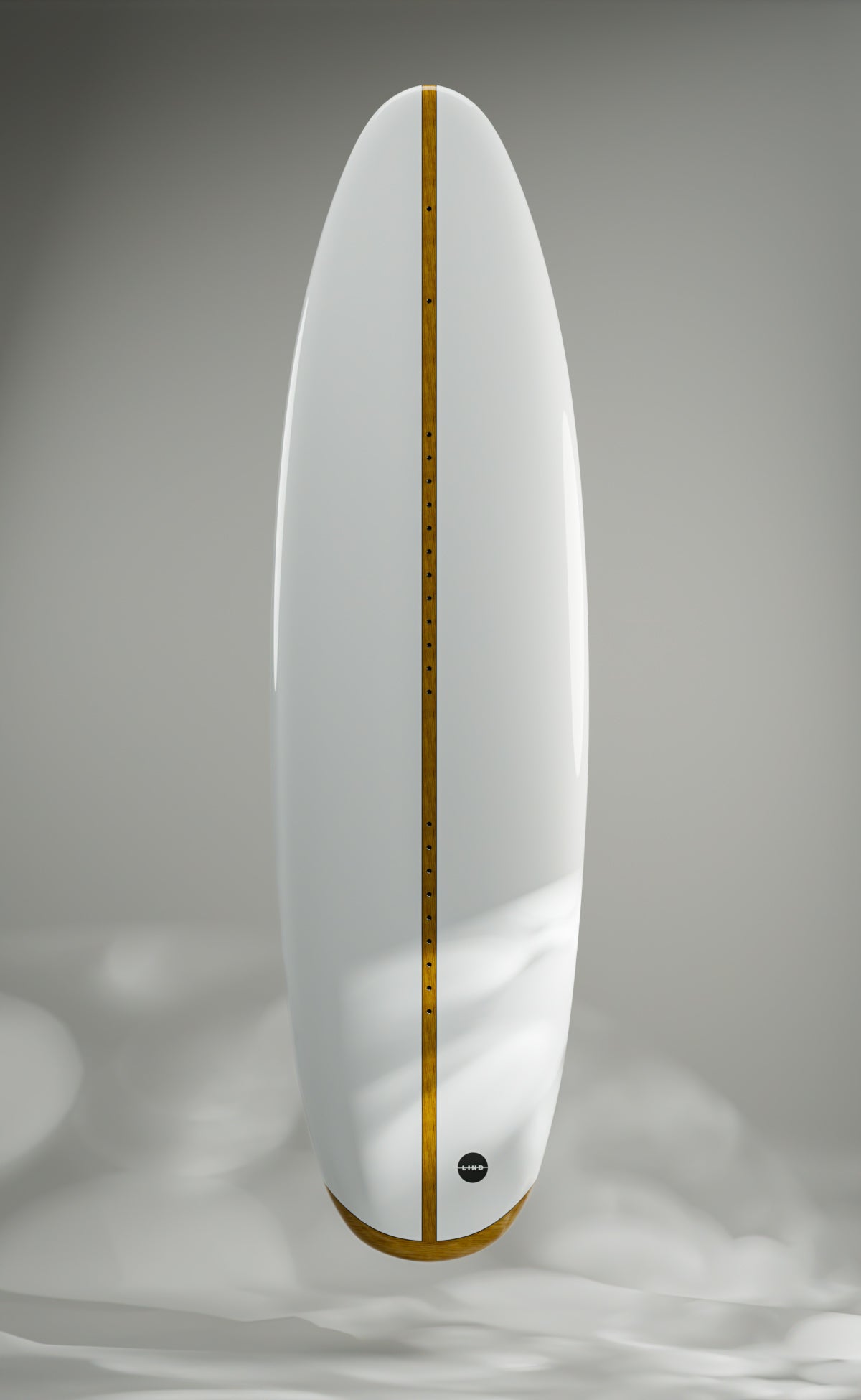 LIND Canvas elektrisches Surfboard in Weiß mit Holzelementen.