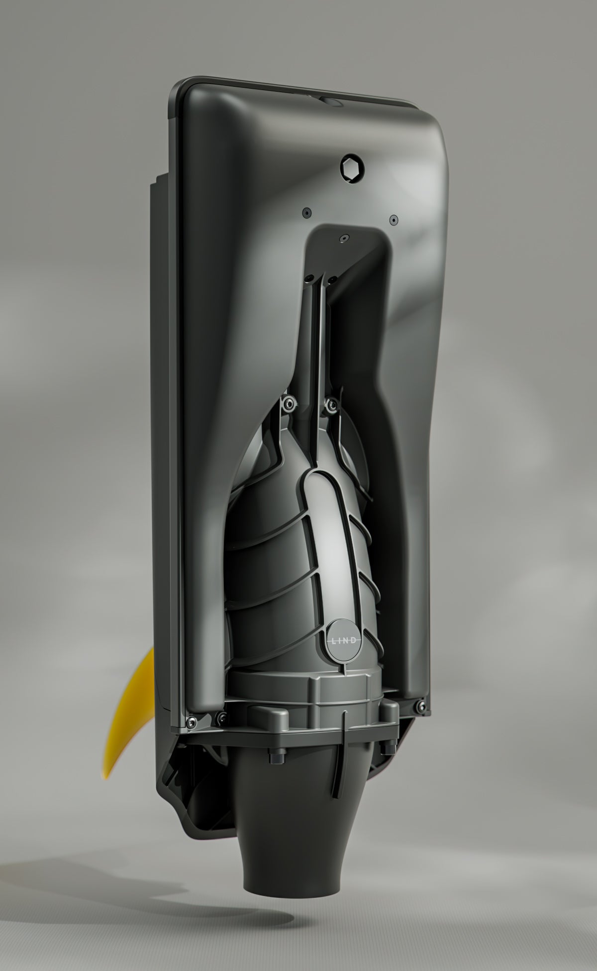 Ein schwarzer Motor für das LIND Canvas Elektro-Surfbrett mit einer gelben Finne.