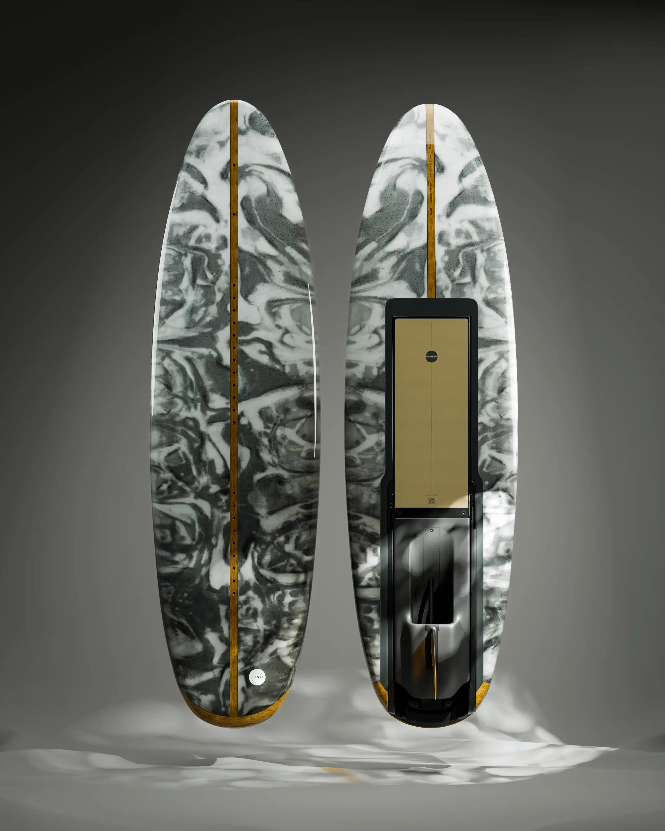 Das Lind Art Surfboard namens OVERLORD mit weißen und schwarzen Farbverläufen von Critters Toy Co.