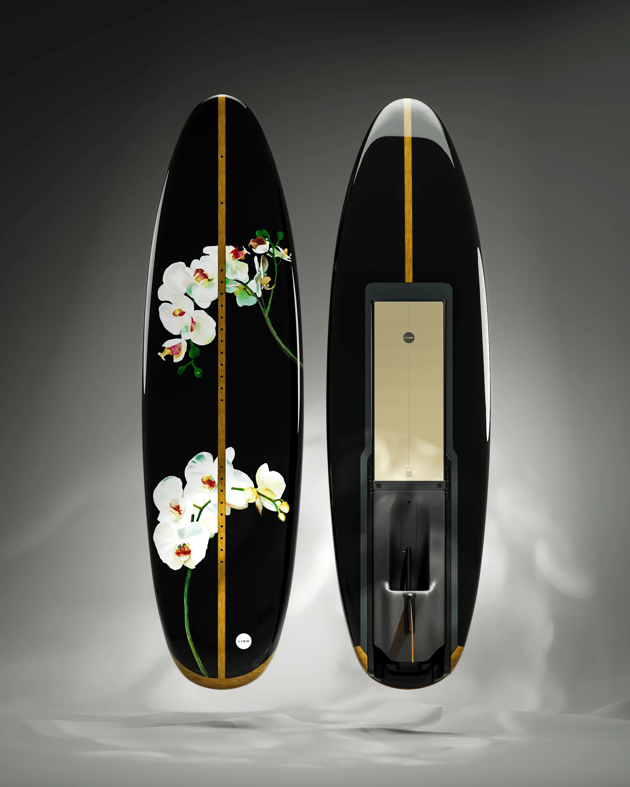 Das Lind Art Surfboard namens Orchid Onyx in Schwarz mit weißen Orchideen von Jessica Kayll.