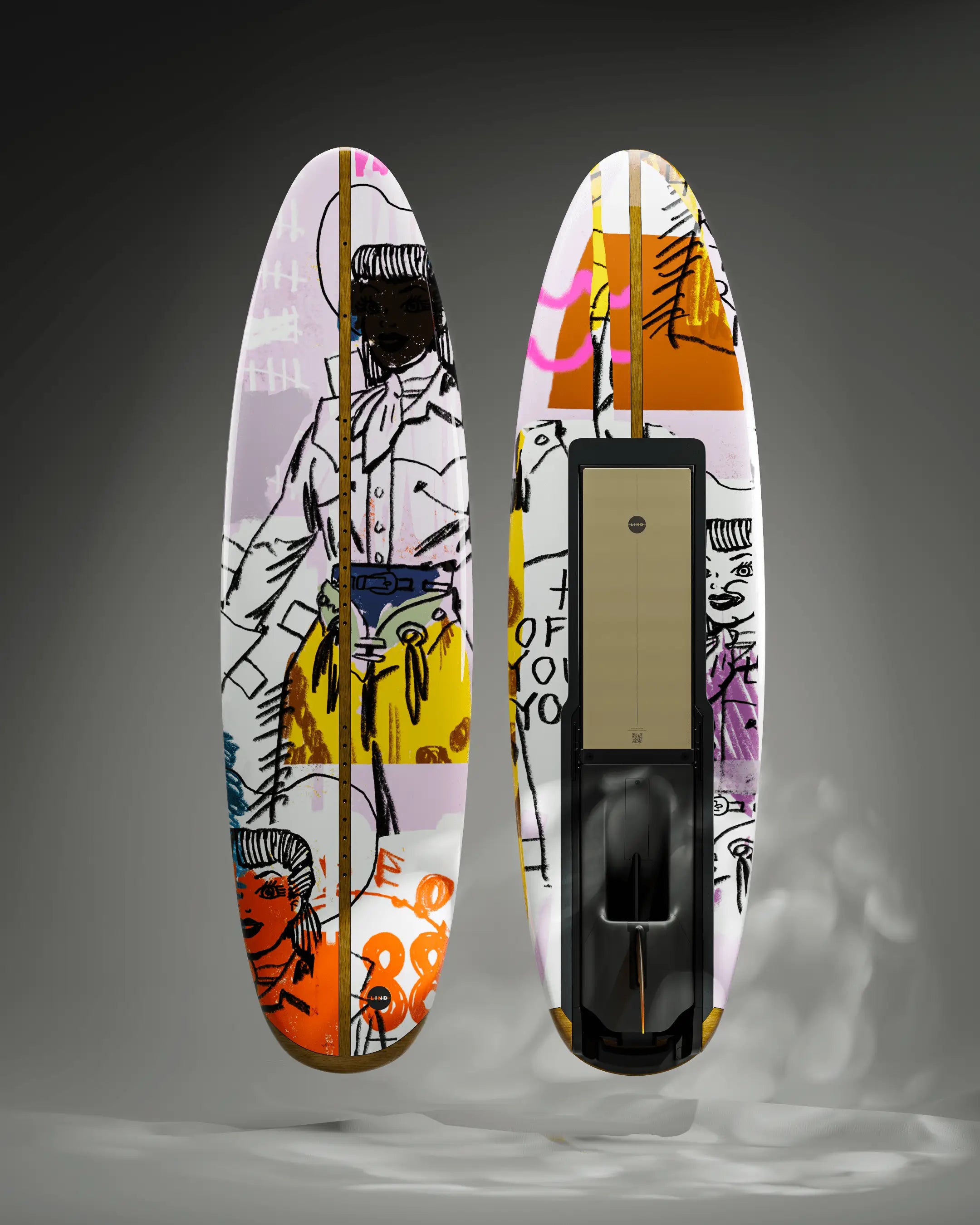 Das Lind Art Surfboard namens Midnight Cowgirl mit einem gezeichneten Cowgirl in leuchtenden Farben von Terry Urban.
