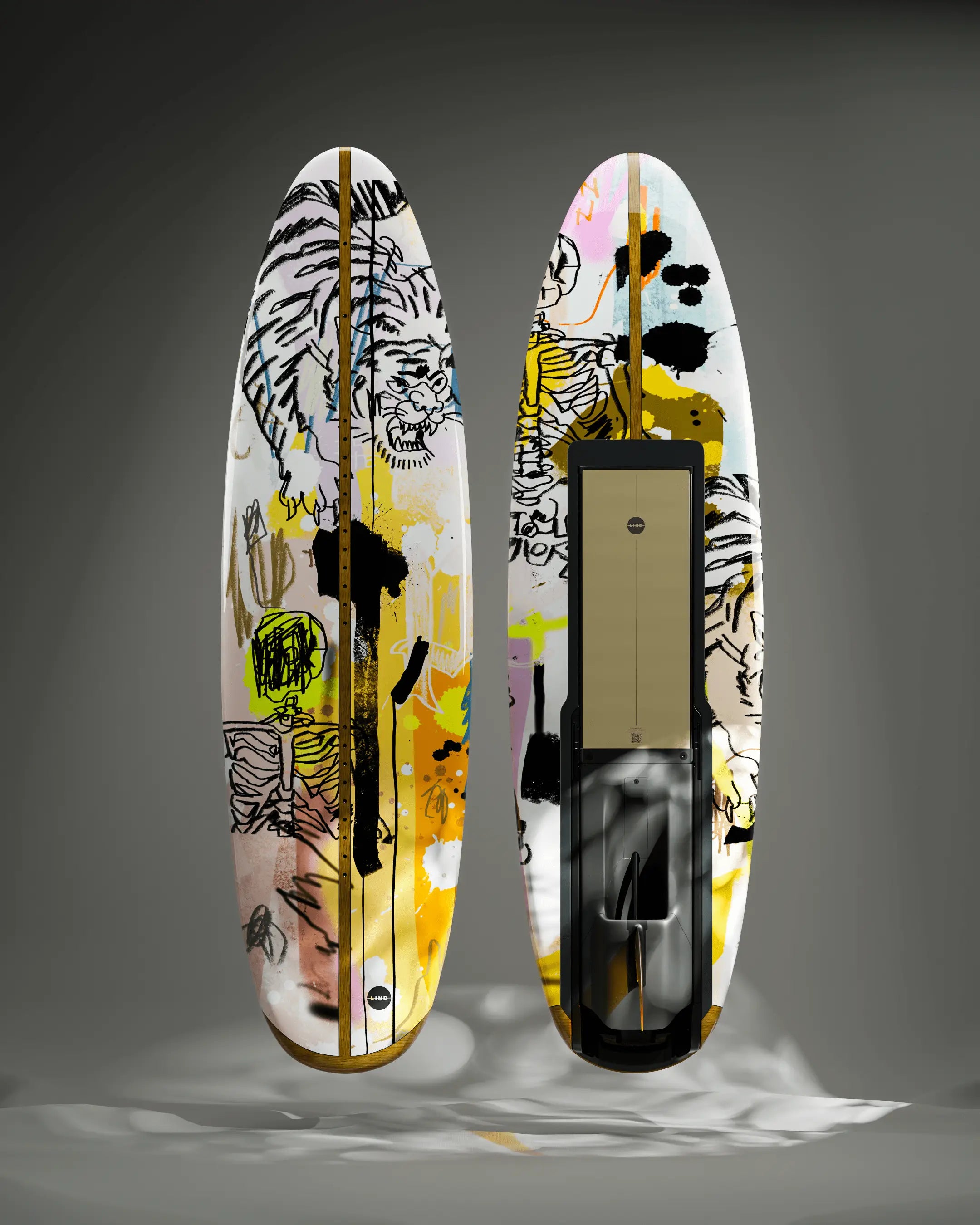 Das Lind Art Surfboard namens Best of Friends mit einem Tiger darauf von Terry Urban.