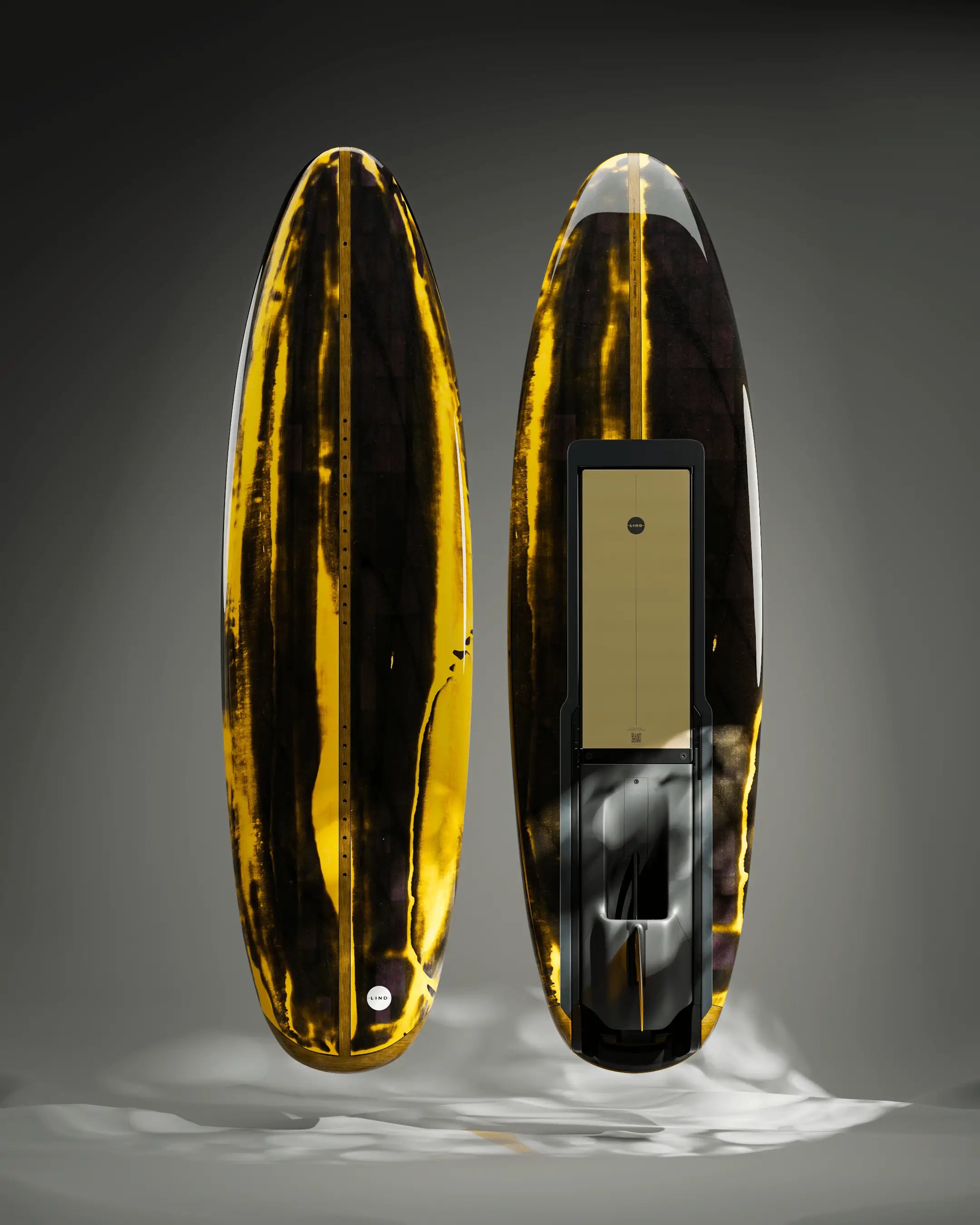 Das Lind Art Surfboard namens YELLOW PATINA mit goldenen und schwarzen Farbverläufen von Micah Beutz.