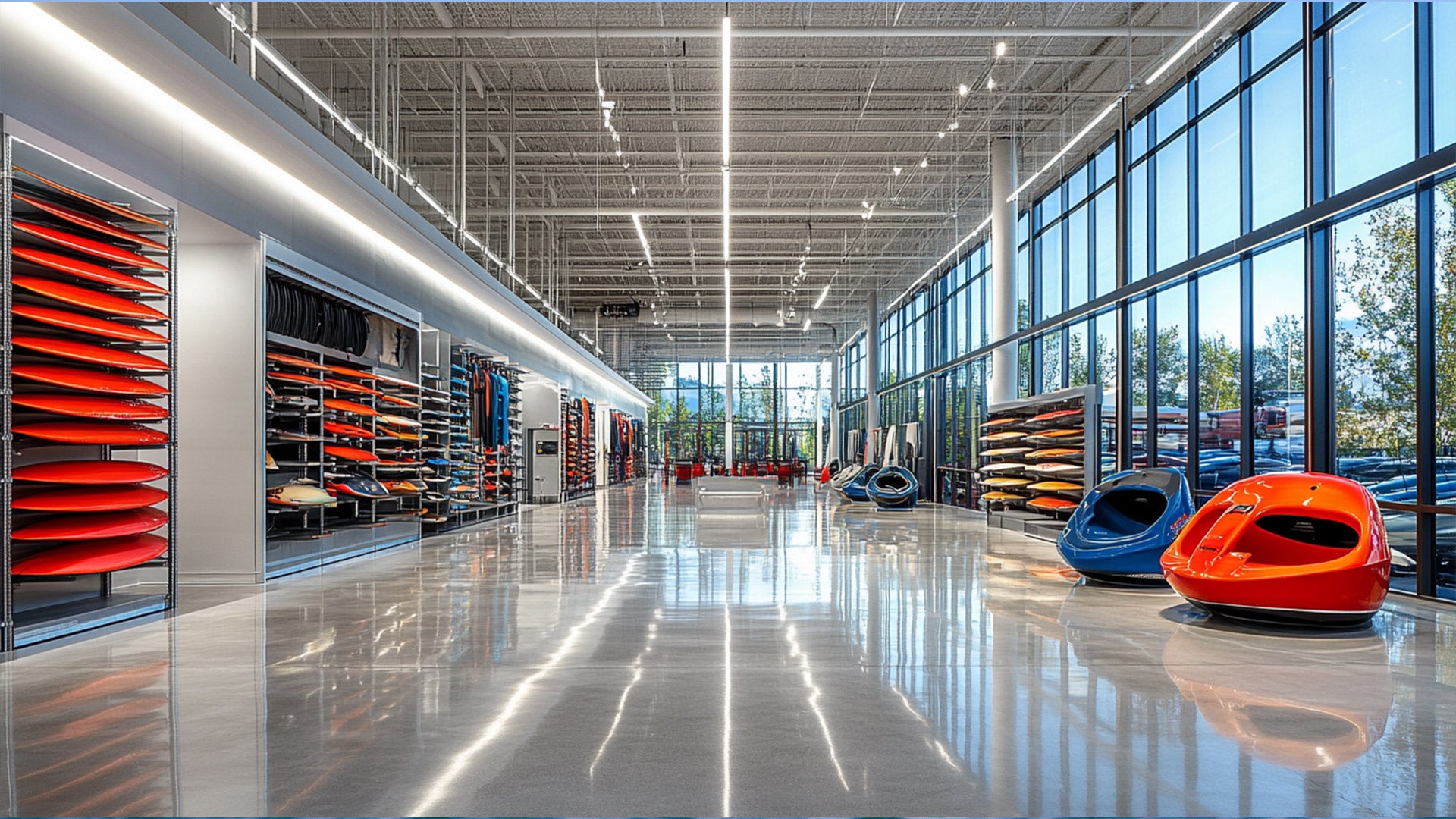 Ein großer, sauberer Lagerraum mit verschiedenen Wasserspielzeugen.