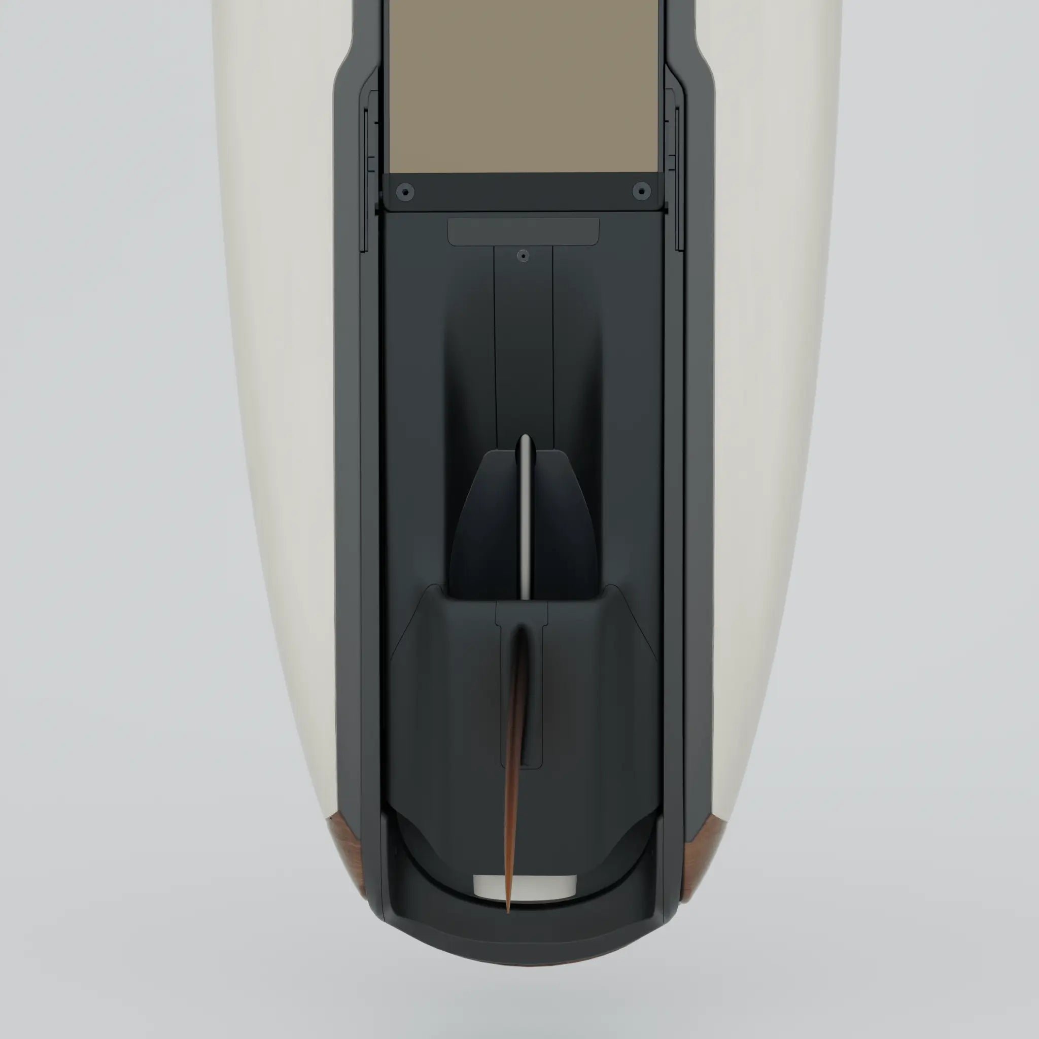 Das Bild zeigt den eingebauten Motor mit Finne von oben auf dem Lind Surfboard.