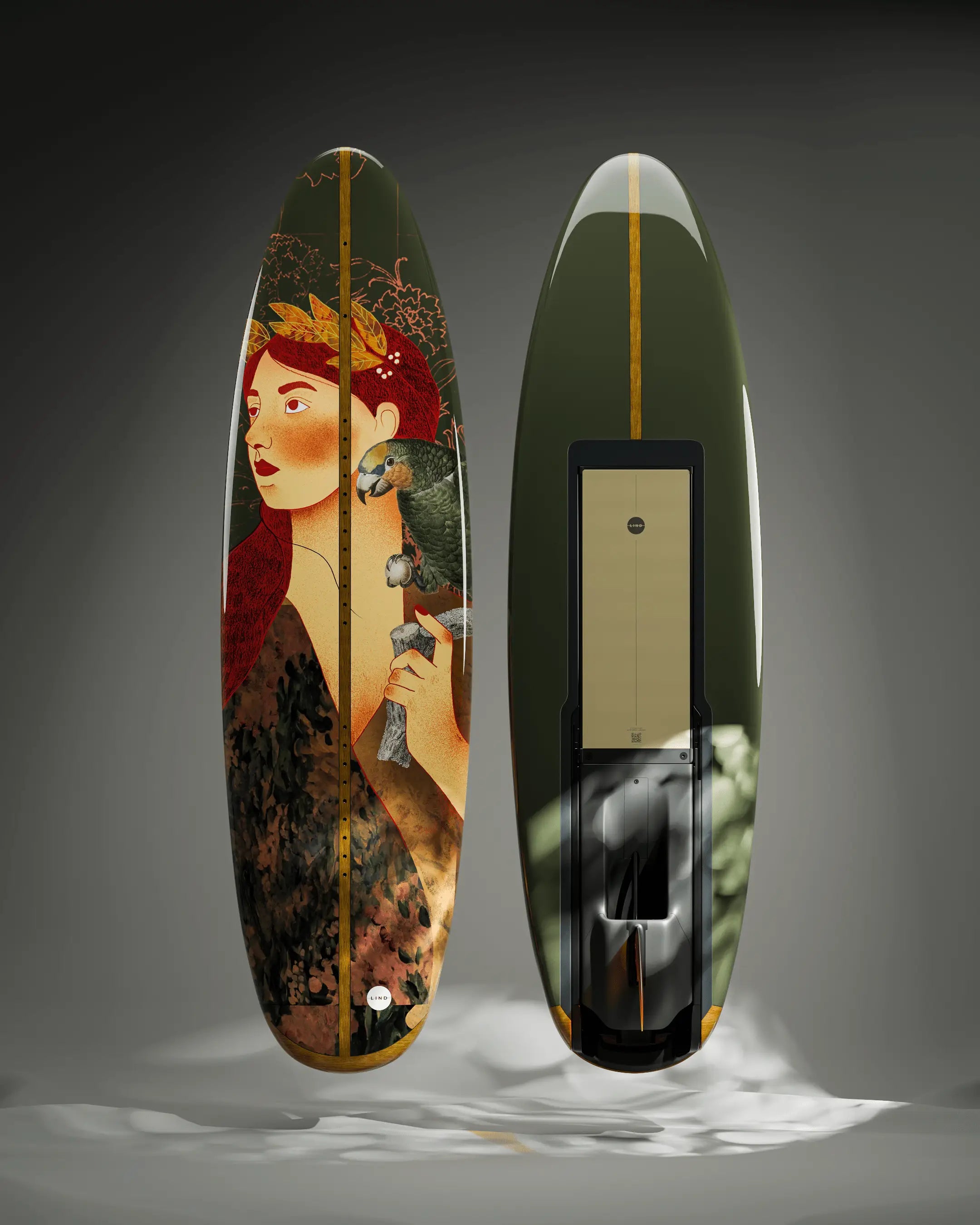 Das Lind Art Surfboard namens Artemis mit einer Frau und einem Papagei von Amalia Restrepo.