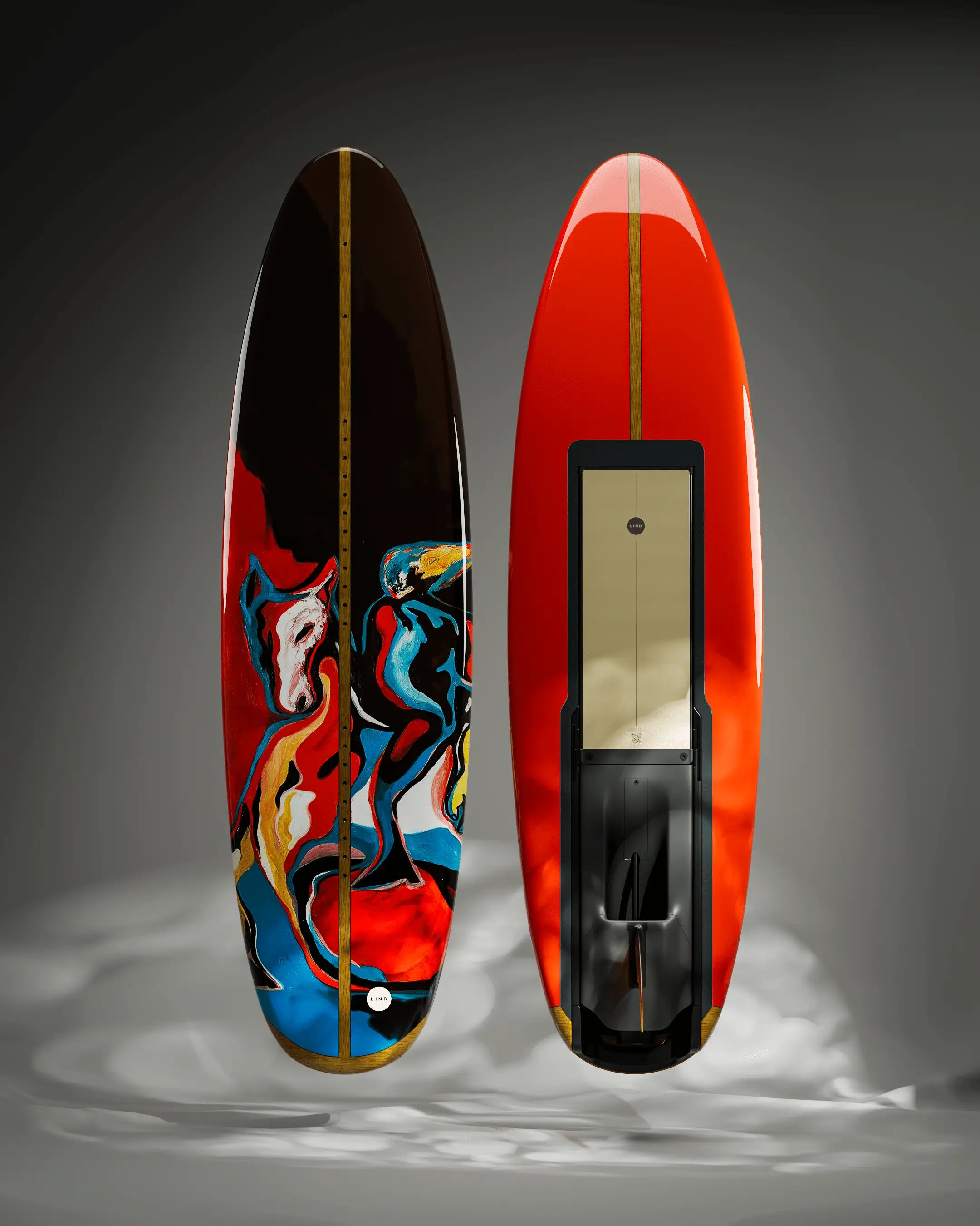 Das Lind Art Surfboard namens Waiting for the Sun in Rot und Schwarz und einem gemalten Bullen von BB Bastidas.