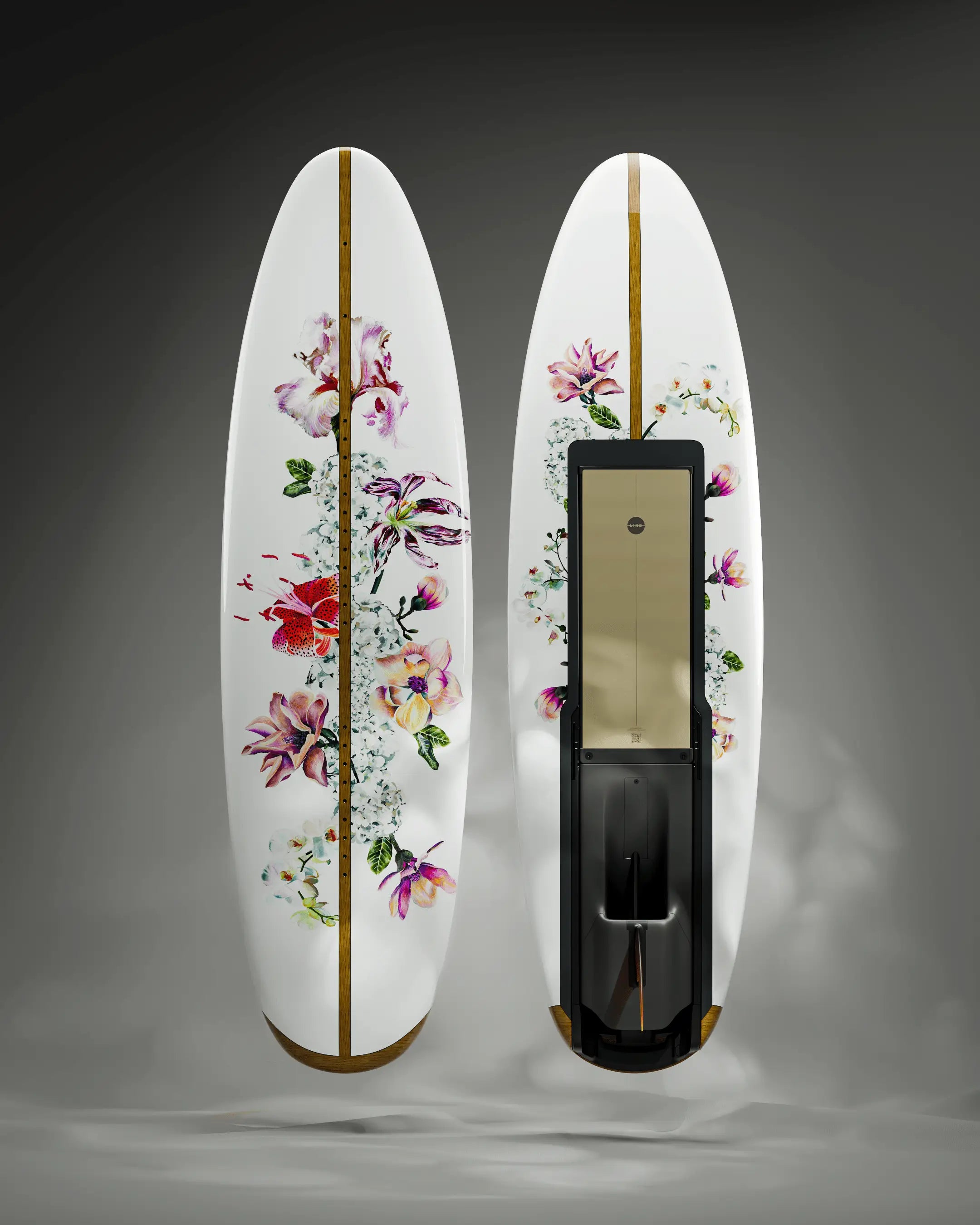 Das Lind Art Surfboard namens Floral Explosion, das ein weißes Board mit vielen Blumen von Jessica Kayll zeigt.
